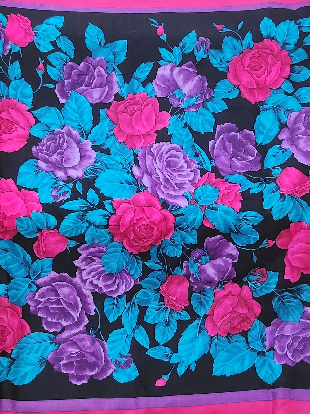 Vintage Nordstrom 100% Wool Rose Square Scarf Japan Pink Teal